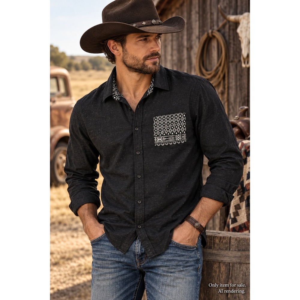 On The Byas Large Button Down Shirt Grey Geometric Pocket Western Cowboy Core